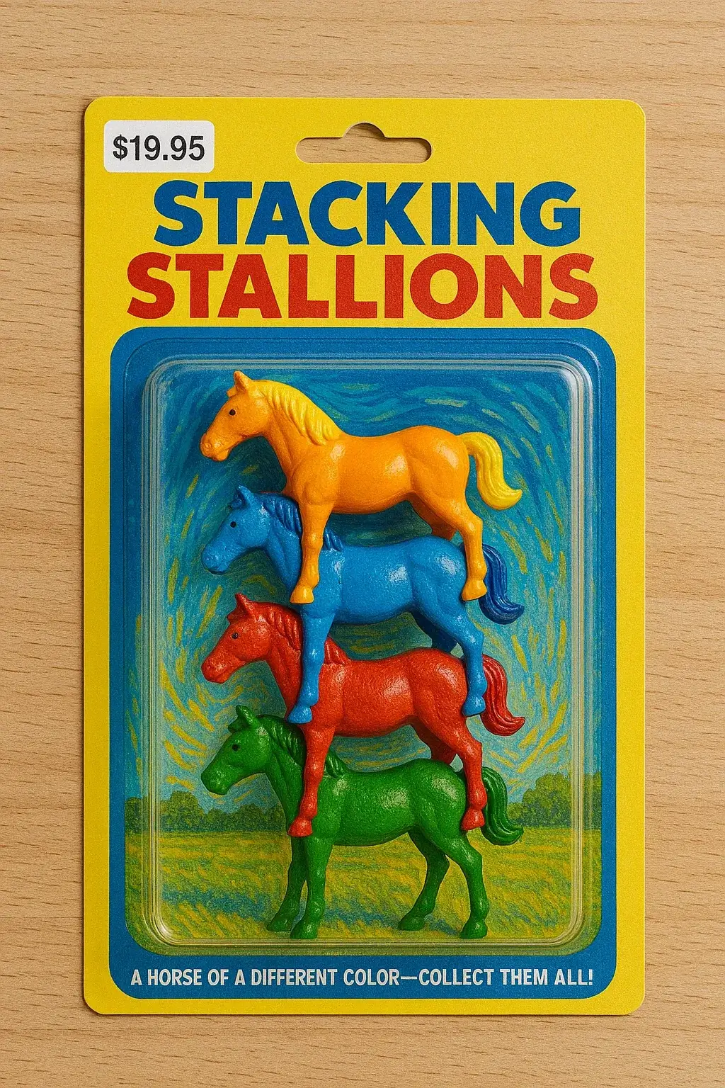 Упаковка игрушек Stacking Stallions с пластиковой фигуркой лошадки для примера распознавания объектов GPT-4o Mini